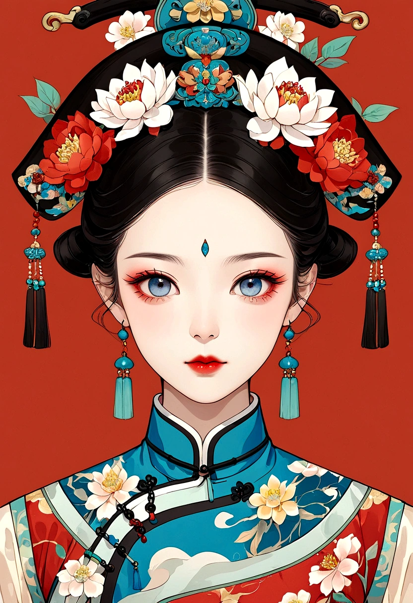 Procreate board drawing beautiful digital art，Clean lines，Beautiful Chinese Qing Dynasty Princess，Bright Eyes，Exquisite facial features，(((Qing Dynasty Gaoqitou，Flowers)))，symmetry，（Qing Dynasty Clothing，White Hualong），Bright colors，High Saturation，Solid red background