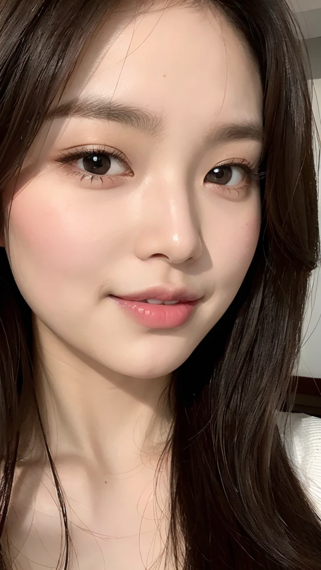18 year old Japanese female、Glamour、Very large breasts、Wearing a white shirt、Highly detailed face,round face、 Lips Detail,,Big eyes、double eyelid, Detailed black eyes,Thin lips、 Very beautiful face、current eyes, Beautiful Eyes, (Real Skin), Beautiful Skin, Ultra-high resolution,Close-up of face、Facing forward and gazing at me、smile、