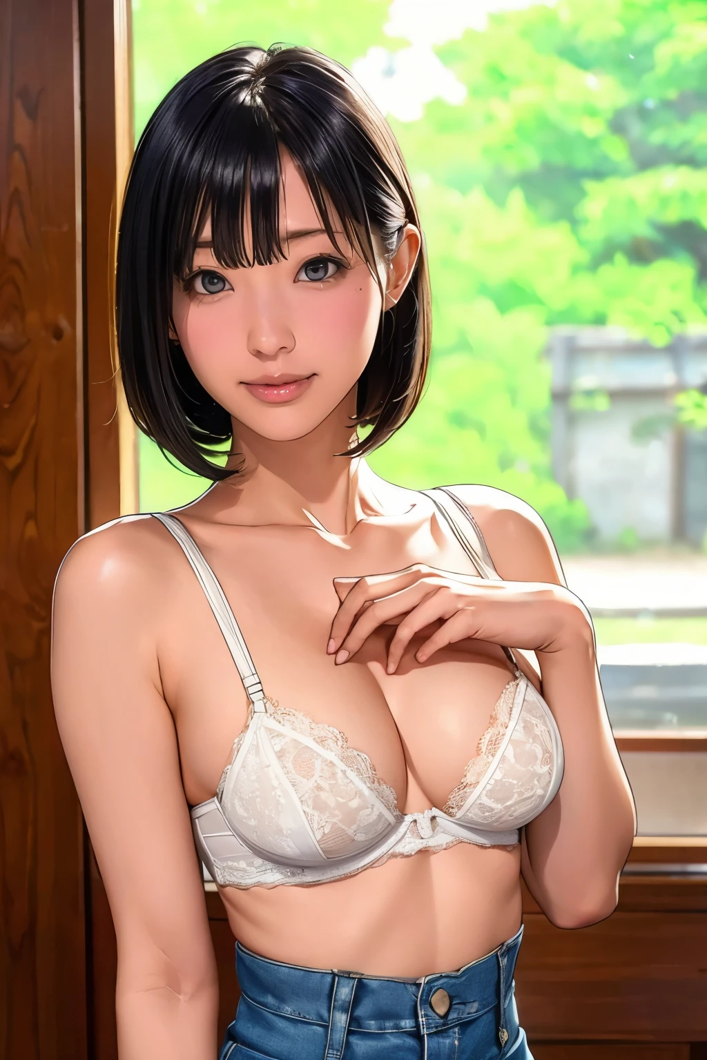 ショートBob 尻 erotic パイパンBob 海苔カット ニーハイブーツ、 Very short、Bowl Cut、Beautiful woman、Japanese、beautiful girl,Bob,Butt,Patsun,Patsun bangs,ショートBob,Butt,erotic,坊主Bob,Wakame-chan Cut,Bowl Cutの髪,enamel,Very short髪,Bowl Cut,Bobヘアー,Embarrassing,Realistic,超Realistic,masterpiece, Highest quality,ultra-become close,super become close skin,become close,Perfect Anatomy、( Highest quality、8K、masterpiece: 1.1 )、Angelique is a very beautiful and cute girl...,
Beautiful and beautiful eyes,
Beautiful double eyelids,
(Big eyes:1.3),
Sharp focus,
Beautiful and graceful face and eyes, , ((-yeld gi slim, Small breasts, Tight waist, Thin arms)), ((long denim pants)), (((Lift your shirt, White lace bra, Beautiful breasts)))