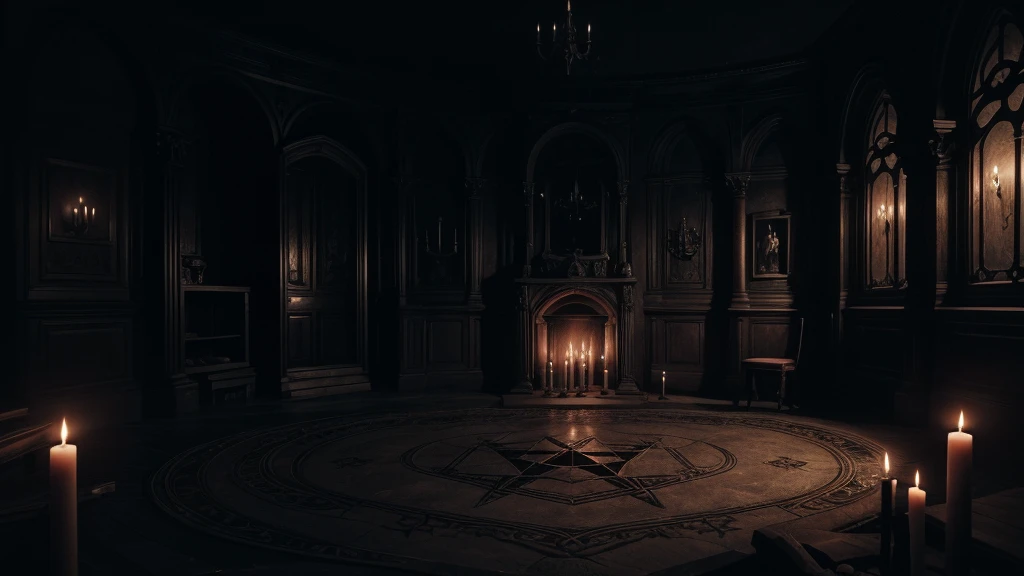Create an image of a dark, ominous altar with a pentagram drawn within a circle. At each point of the pentagram, there is a red candle burning, casting a dim, eerie glow. The altar is made of old, weathered stone, and the surroundings are shrouded in shadow, with only the flickering candlelight illuminating the scene. The background is dark and mysterious, adding to the foreboding atmosphere. The overall mood is one of dark ritual and occult mystery, evoking a sense of unease and intrigue.