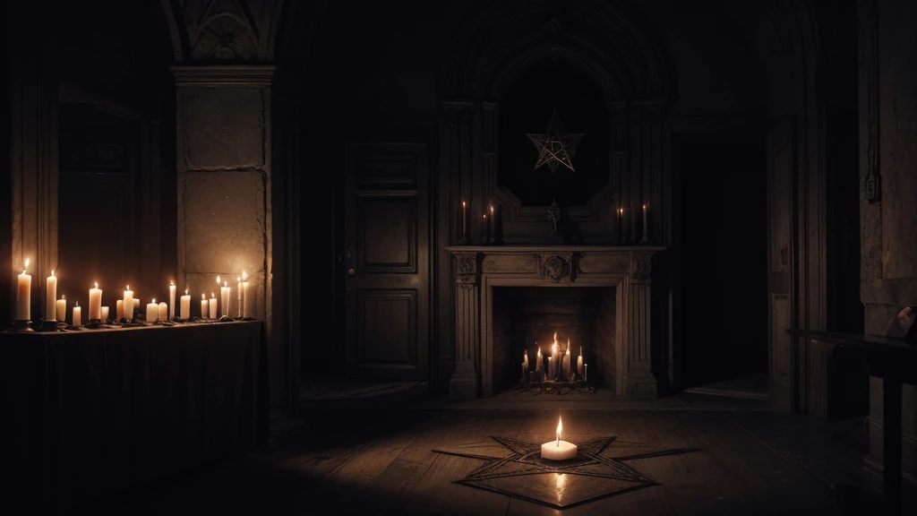Create an image of a dark, ominous altar with a pentagram drawn within a circle. At each point of the pentagram, there is a red candle burning, casting a dim, eerie glow. The altar is made of old, weathered stone, and the surroundings are shrouded in shadow, with only the flickering candlelight illuminating the scene. The background is dark and mysterious, adding to the foreboding atmosphere. The overall mood is one of dark ritual and occult mystery, evoking a sense of unease and intrigue.