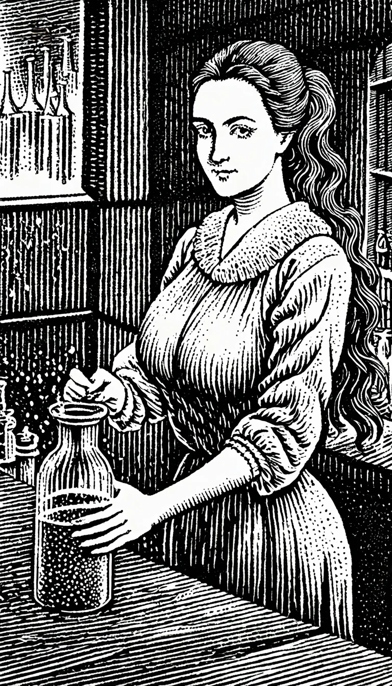 (Black and white woodcut:1.5)、(Second floor in black and white.)、foreground, dark and sinister atmosphere、profile face of a chemist woman, long black hair, with long ponytail, huge breasts, with long robe with sleeves,  outlined curves, wearing a tight black mini skirt, smiling, holding a flask with bubbling liquid, in a chemical laboratory with a microscope on a table, Mysterious、