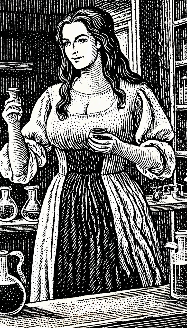 (Black and white woodcut:1.5)、(Second floor in black and white.)、foreground, dark and sinister atmosphere、profile face of a chemist woman, long black hair, with long ponytail, huge breasts, with long robe with sleeves,  outlined curves, wearing a tight black mini skirt, smiling, holding a flask with bubbling liquid, in a chemical laboratory with a microscope on a table, Mysterious、