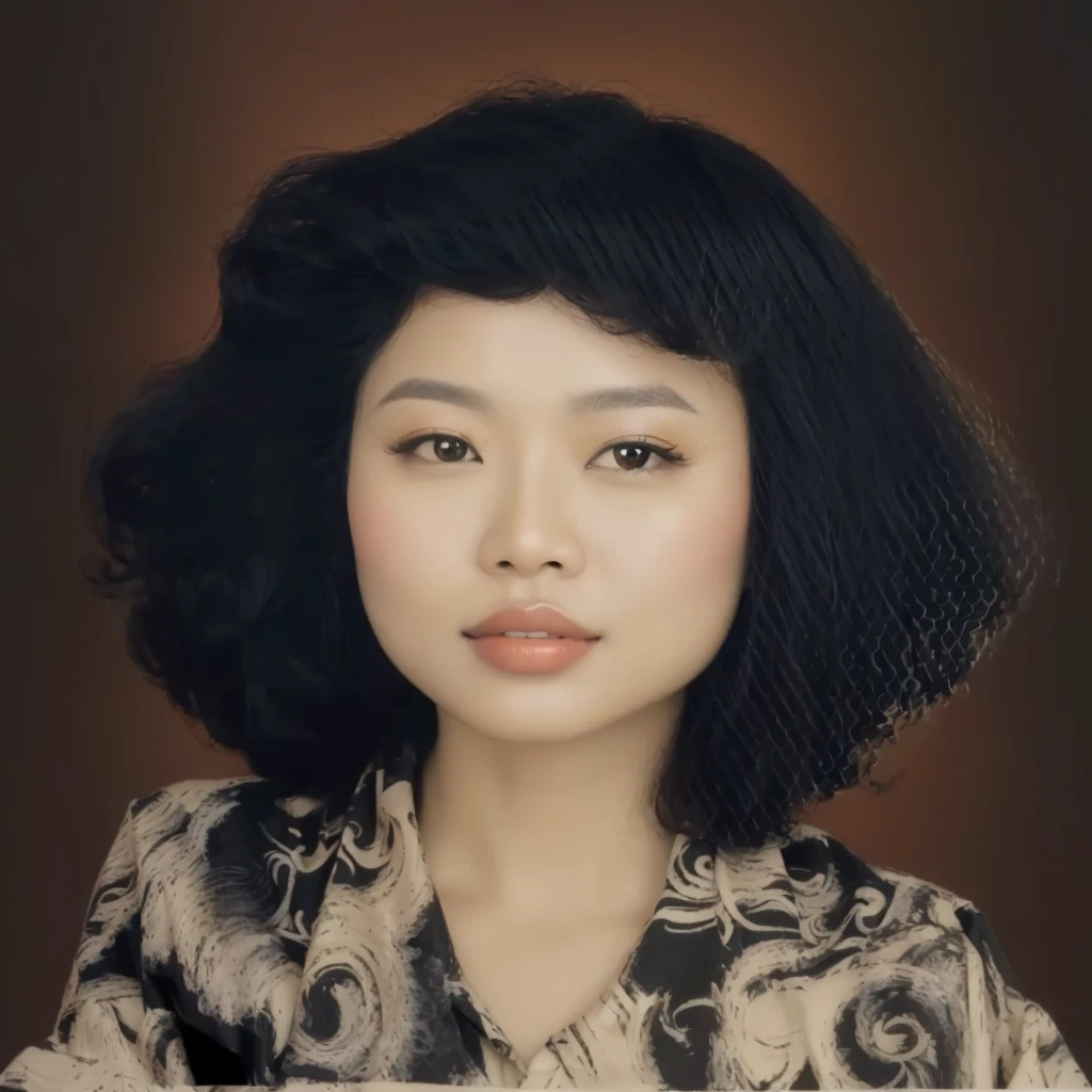 portrait of Indonesian woman with wavy curly hair, 90's style, wearing a black patterned shirt, abstract background