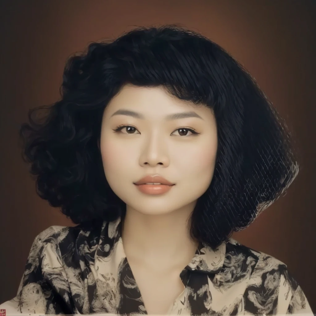 portrait of Indonesian woman with wavy curly hair, 90's style, wearing a black patterned shirt, abstract background