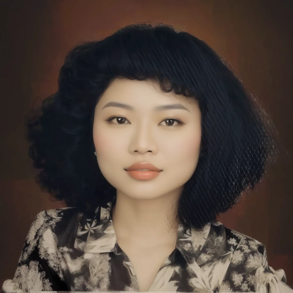 portrait of Indonesian woman with wavy curly hair, 90's style, wearing a black patterned shirt, abstract background