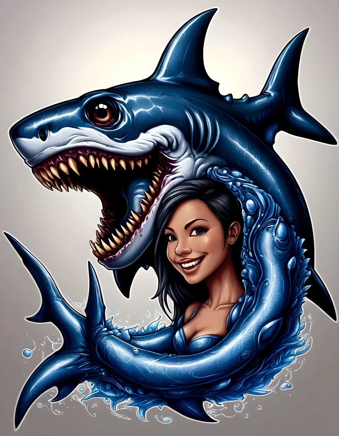 Shark Girl, (shark and human fusion), (anthropomorphic shark upper body shot), intricate detailed shark skin, sharp eyed and thinly smiling, dark fantasy, colored pencil drawing, gray and blue theme, high contrast and high detail, master piece, best quality,