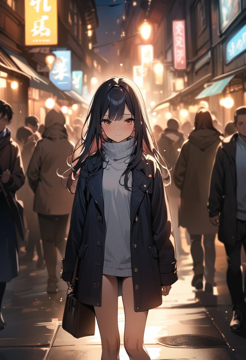 1 girl, 18 years old, long hair, black hair, straight hair, short bangs above brows, embarrassed, steam
BREAK (masterpiece), (high resolution 8K), cinematic lighting, professional lighting, detailed eyes and face, detailed body, 
BREAK coat over naked, 
BREAK outdoors, in the street, crowd, winter, night, 