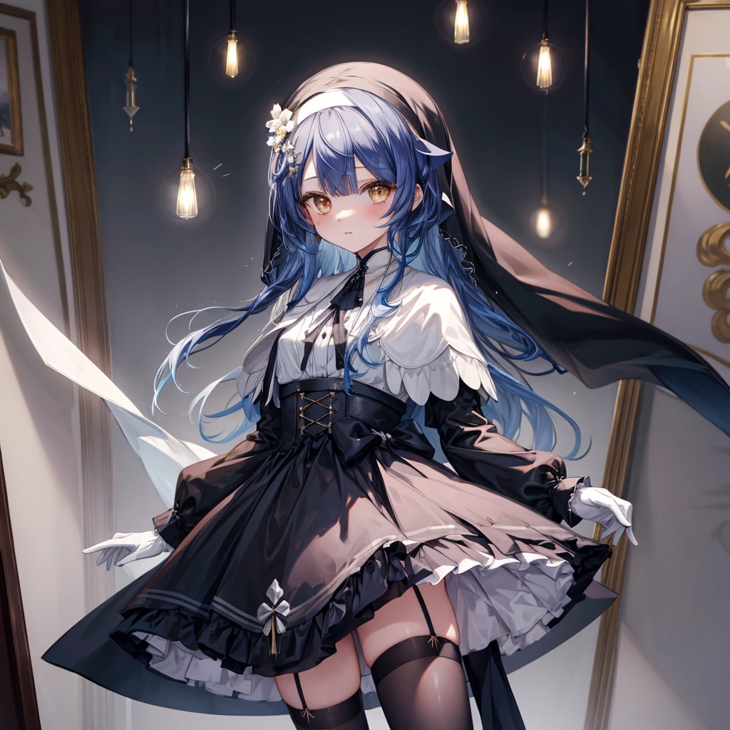 ((Highest quality)), ((masterpiece)), (detailed), a painting that is a woman dressed in clothes a nun or something, 1girl, 独奏, long hair, nun, dress, thighhighs, gloves, White Capelet, white gloves, brown eyes, looking at viewer, black thighhighs, blush, black dress, long sleeves, capelet, bangs, black bikini