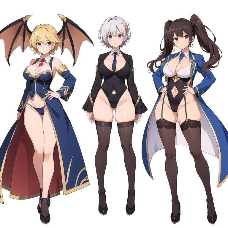 3 girls, variety of hairstyles, ((white background)), (((full body))), multiple views, dragon horn, thong, shrug, leotard, cleavage, short tie,