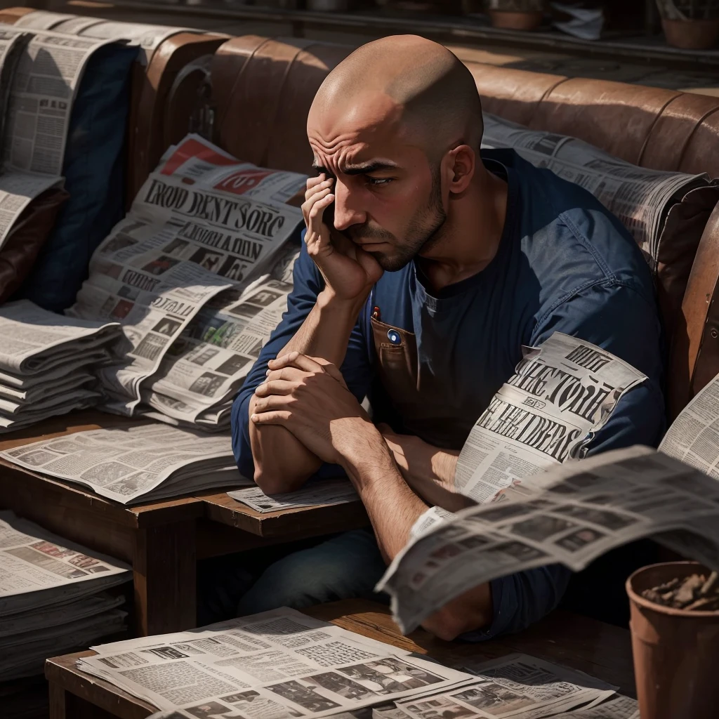 man sitting with his head down and his hands on it, desperate with newspapers to pay