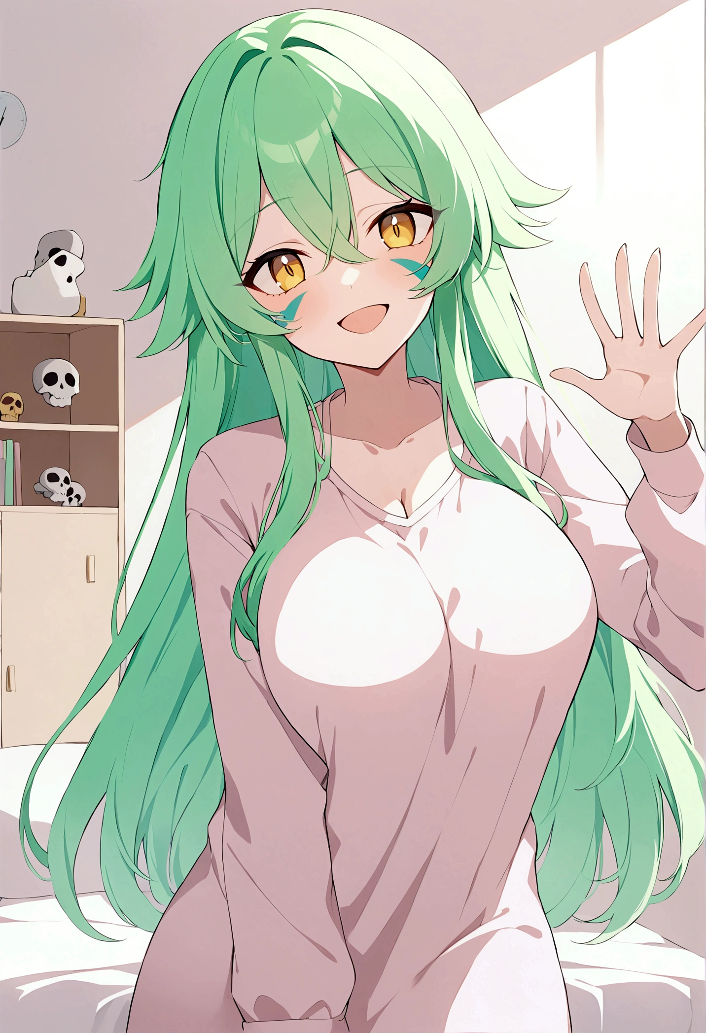 Neryll Tu Odelschwank, Green hair,yellow-eyed, skull, face markings,Large breasts,ssmile , Open your lips, Happy, Room Wear