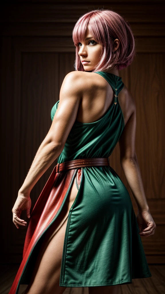 a determined female archer with pink hair and bangs, square cut hairstyle, big blue eyes, arrow holder on the back, wearing a short sleeveless green dress, green cape, barefoot, big leather belt, (best quality,4k,8k,highres,masterpiece:1.2),ultra-detailed,(realistic,photorealistic,photo-realistic:1.37),dynamic point of view,clash royale character,studio lighting,vivid colors,sharp focus