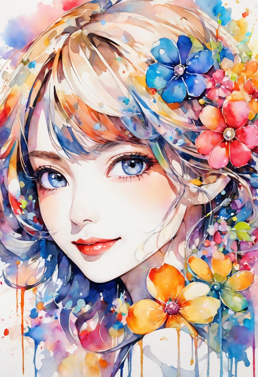 beautiful woman portrait, cute smile, Sylvia Pelissero watercolors, colorful flowers, beautiful eyes, upper body, abstract art, intense watercolor, watercolor detailed art, watercolor splash, surreal, avant-garde pop art, Beautiful and expressive paintings, Beautiful artwork illustration, very colorful tones, wonderful, cool beauty, highest quality, official art, women only, sharp outline, best shot, vector art, lips in love、 (((The strongest beautiful women of all time))), (((Japanese)))、clear, (((highest quality))), lips in love, HDR, ((Detailed details)), stylish fashion, detailed clothing texture, (((graffiti art))), colorful hair, ((masterpiece))、((Super detailed))