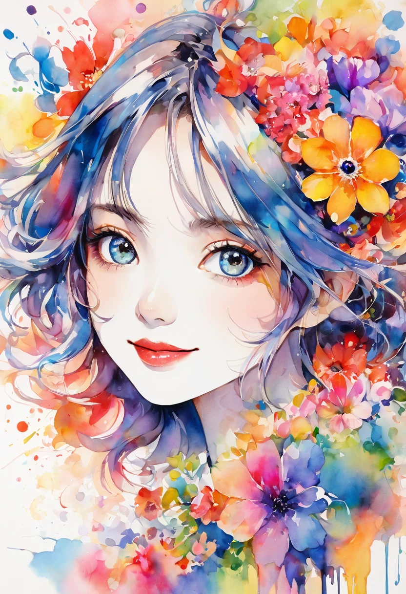 beautiful woman portrait, cute smile, Sylvia Pelissero watercolors, colorful flowers, beautiful eyes, upper body, abstract art, intense watercolor, watercolor detailed art, watercolor splash, surreal, avant-garde pop art, Beautiful and expressive paintings, Beautiful artwork illustration, very colorful tones, wonderful, cool beauty, highest quality, official art, women only, sharp outline, best shot, vector art, lips in love、 (((The strongest beautiful women of all time))), (((Japanese)))、clear, (((highest quality))), lips in love, HDR, ((Detailed details)), stylish fashion, detailed clothing texture, (((graffiti art))), colorful hair, ((masterpiece))、((Super detailed))
