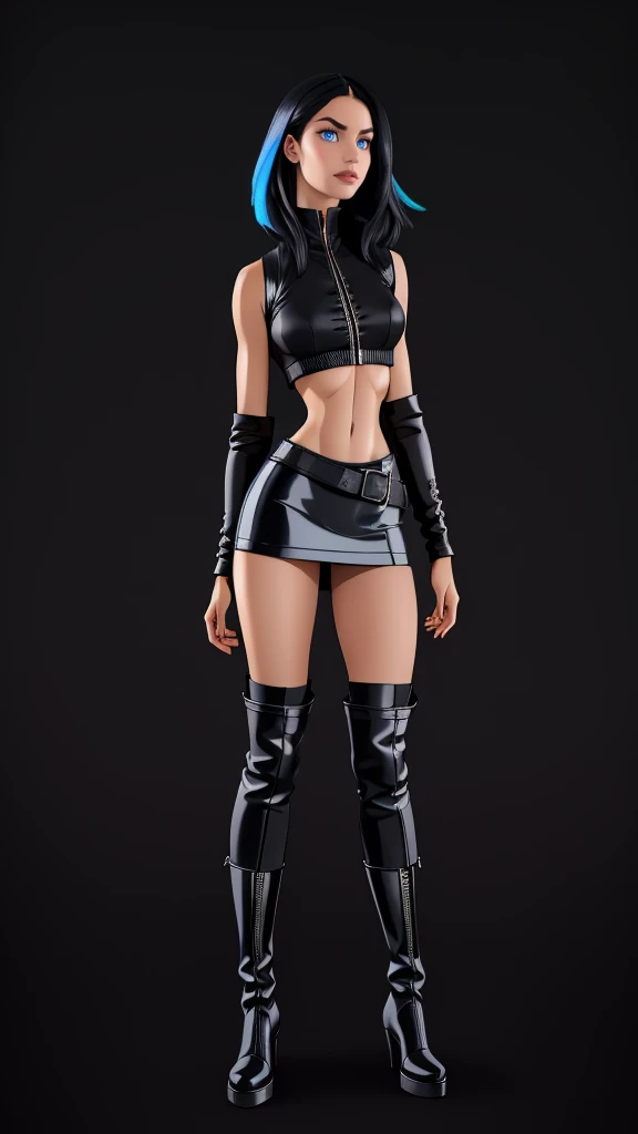 beautiful girl, ((standing:1.4)), (confident gaze:1.1), full body, short bright neon streaked black hair, ((realistic highly detailed eyes:1.4)), ((seductive pose:1.2)), fit, Athletic, lean, slender abs, black eyeshadow, (street style wear:1.2), ((short skirt)), ((knee high leather boots)),((light plain background:1.4)), dark makeup, digital art, trending on artstation, highly detailed, fine detail, intricate, detailed facial features, sharp focus, smooth, aesthetic,