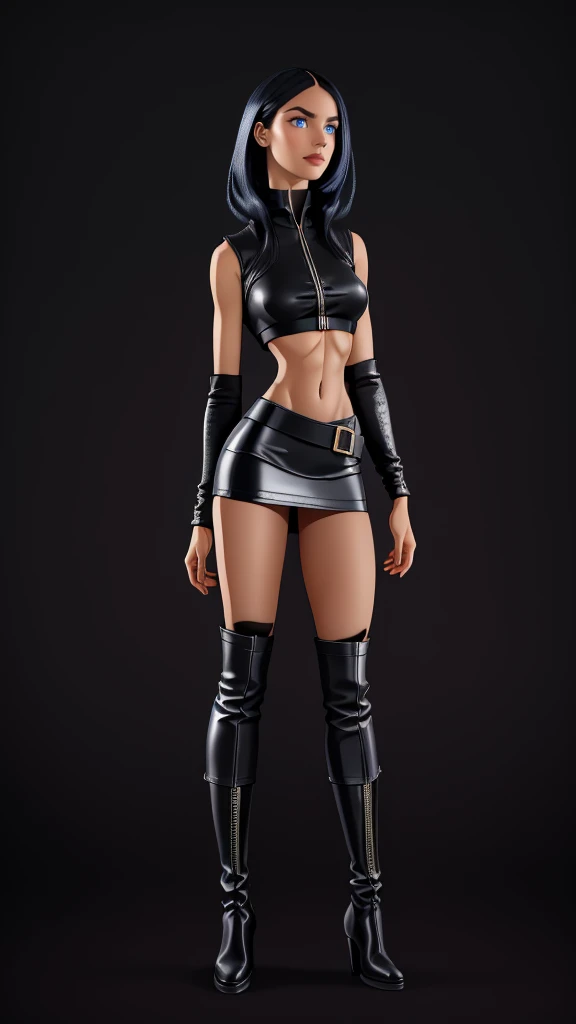beautiful girl, ((standing:1.4)), (confident gaze:1.1), full body, short bright neon streaked black hair, ((realistic highly detailed eyes:1.4)), ((seductive pose:1.2)), fit, Athletic, lean, slender abs, black eyeshadow, (street style wear:1.2), ((short skirt)), ((knee high leather boots)),((light plain background:1.4)), dark makeup, digital art, trending on artstation, highly detailed, fine detail, intricate, detailed facial features, sharp focus, smooth, aesthetic,