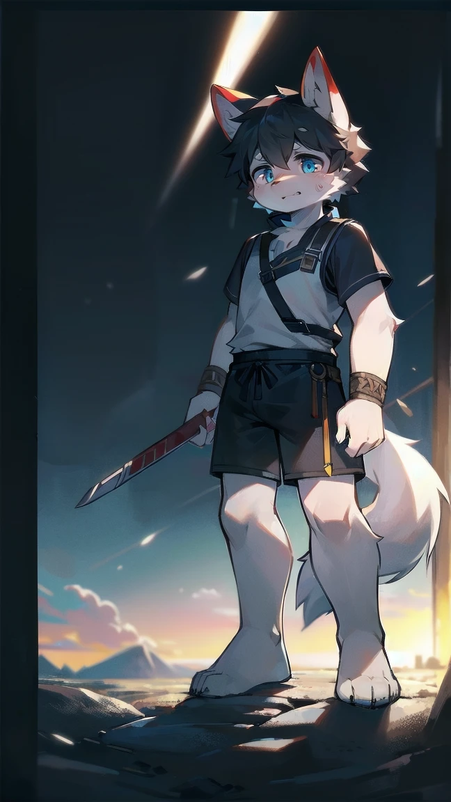 White Wolf，black hair，Sky blue eyes，hairy，Wolf ears，Wolf tail，Full body portrait，The character is in the center of the frame，Handsome，Confident eye***but，juvenile，Black and white combat uniform，Red neck bib，Black shorts，Short sleeve，hairy arms and legs，Dark background，Dark battlefield，dawn，sunrise，dawn，illumination，shadow，Swordsman，Scabbard and Hold the hilt of a in your hand，The scabbard is at the waist，Highest quality,A tall stature