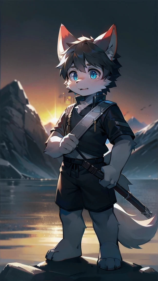 White Wolf,black hair,Sky blue eyes,hairy,Wolf ears,Wolf tail,Full body portrait,The character is in the center of the frame,Handsome,Confident eye***but,juvenile,Black and white combat uniform,Red neck bib,Black shorts,Short sleeve,hairy arms and legs,Dark background,Dark battlefield,dawn,sunrise,dawn,illumination,shadow,Swordsman,Scabbard and Hold the hilt of a in your hand,The scabbard is at the waist,Highest quality,A tall stature
