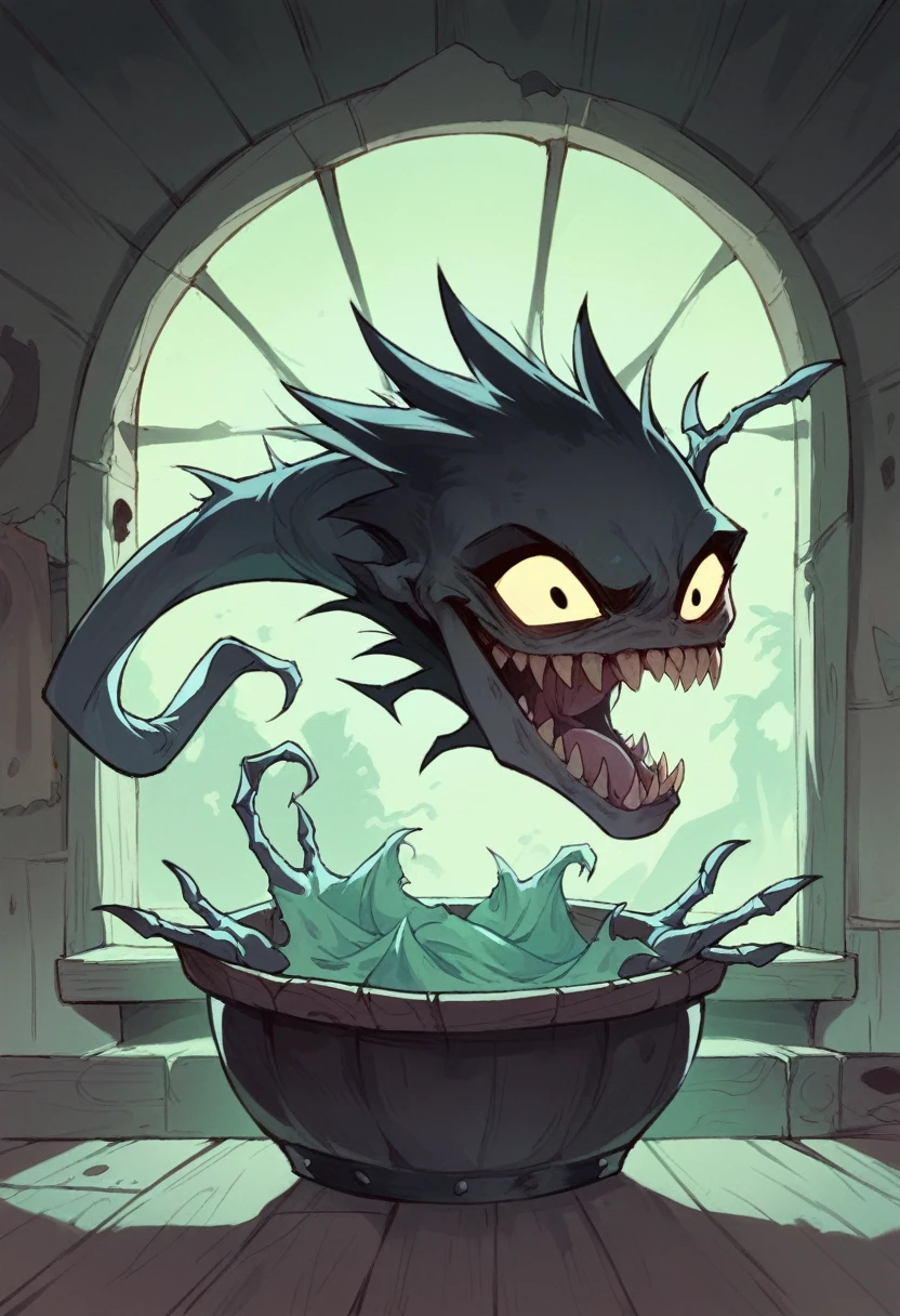 Shadowy creature with big, glowing eyes in the dark, distorted smile with sharp pot teeth, deep, black eyes, large and fallen hair, distorted upper limbs, crooked neck, creature hiding in the corner of the room