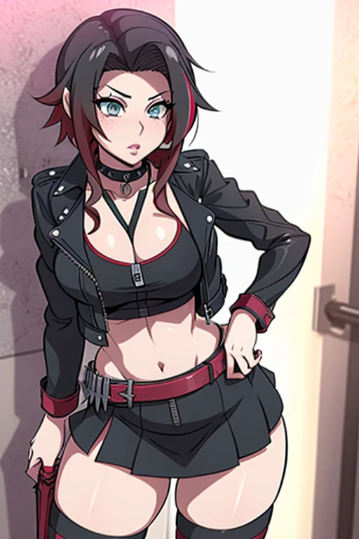 20 year old woman, busty, large breasts, bubble butt, hourglass figure, skinny, blushing, shocked expression, horny, seductive, short hair, black hair, red streaked hair, bangs, wearing, biker jacket, cropped leather jacket, red tank top, zipped leather miniskirt, transparent stockings, spiked belt, spiked wristband, choker, tight fitting clothing, cleavage, flat colours, anime, ecchi anime style, at rave, nightclub, heavy makeup, kissable lips, punk, punk style, punk hair, hentai, manga, ahegoe, random porn pose, ruby rose, rwby, aerith FF7, Aerith Gainsborough