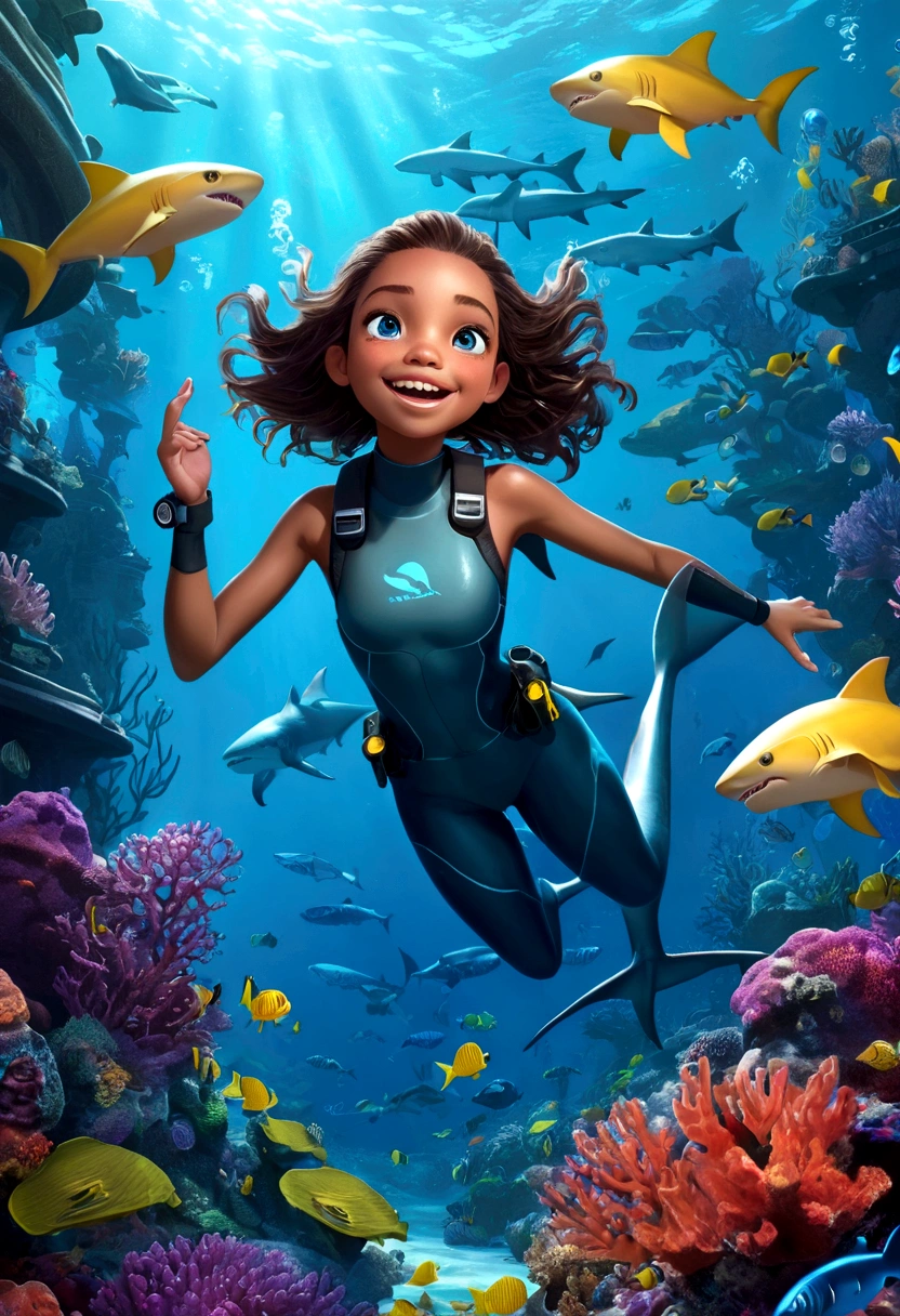 a beautiful girl with shark-like features, interactive,game,interesting,Bubbles,glowing blue eyes, sharp teeth, Fangs,Shark diving oxygen tank,scaly skin, floating in an underwater fantasy scene with kelp, coral, and schools of tropical fish, detailed realistic 3d render, cinematic lighting, vivid colors, concept art style