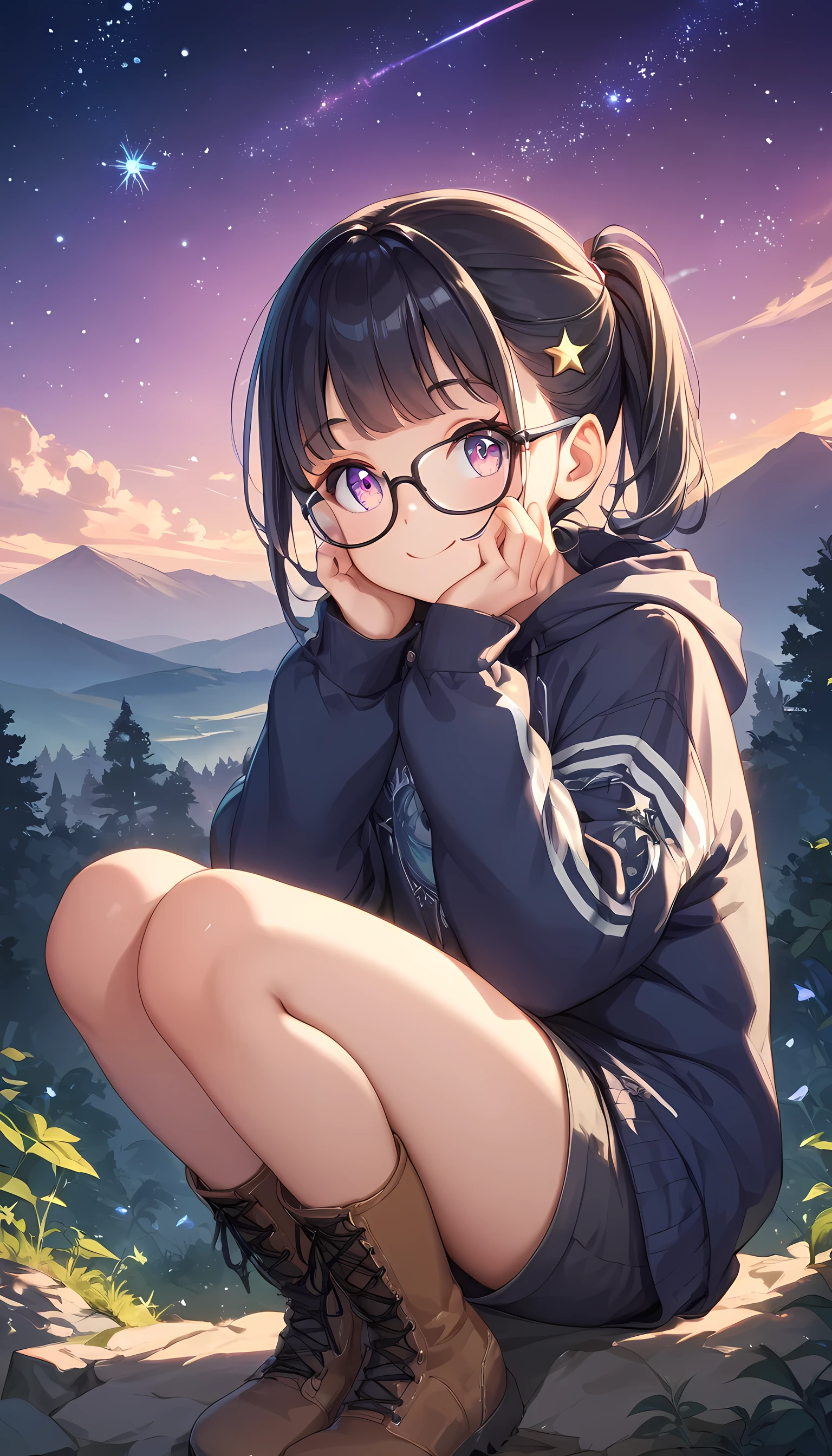 score_9, score_8_up, score_7_up,source_アニメ, high res image,masterpiece,best quality,girl,cute face,clear skin,shiny hair,ultra detailed eyes，Black Hair、Young、、10 years old、Glasses、Camping、Astronomical observation、starry skies、Late Night、Looking up at the sky、Happy smile、Hiking boots
