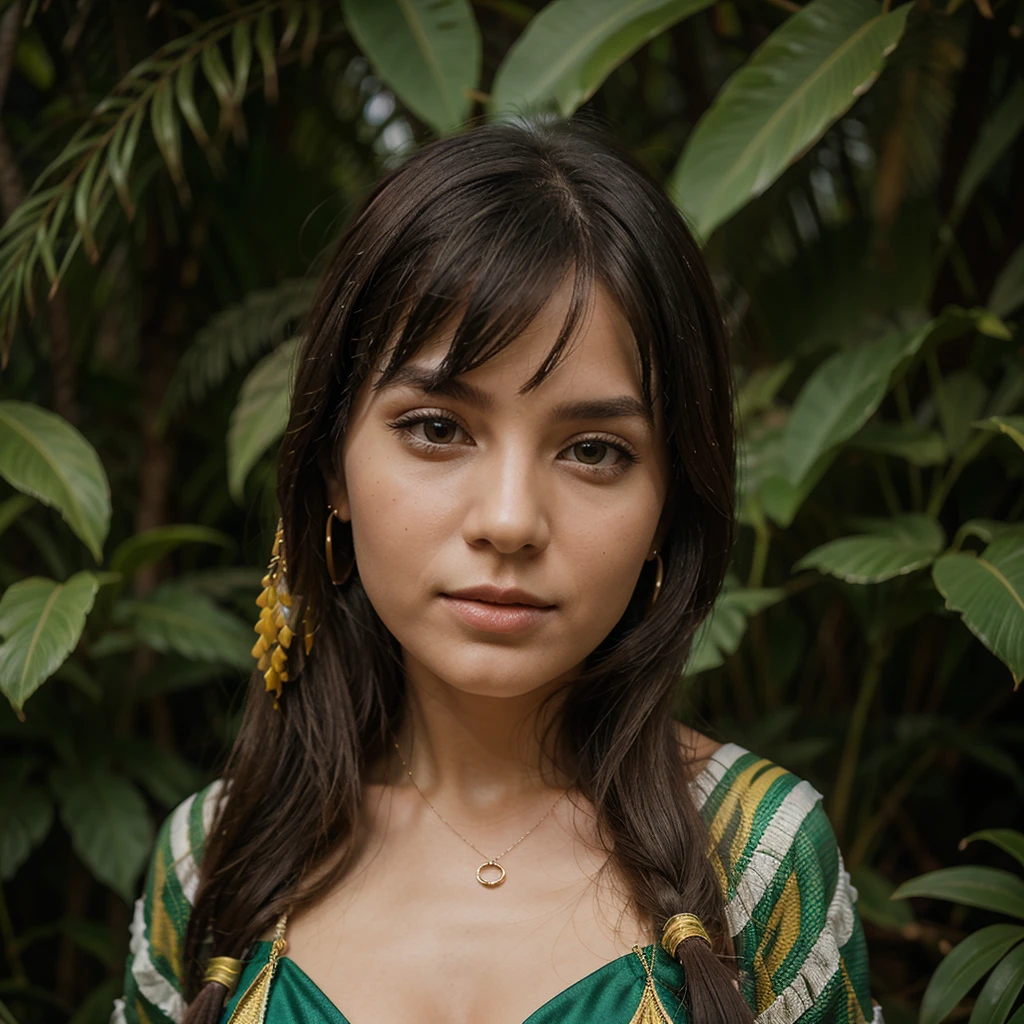 1 girl in, 30 years old, Square face, Long hair, Looking at viewer, jewelry, Realistic, Sexy, Amazonian native costume, colorful grass-covered native costume, jungle background, free pose