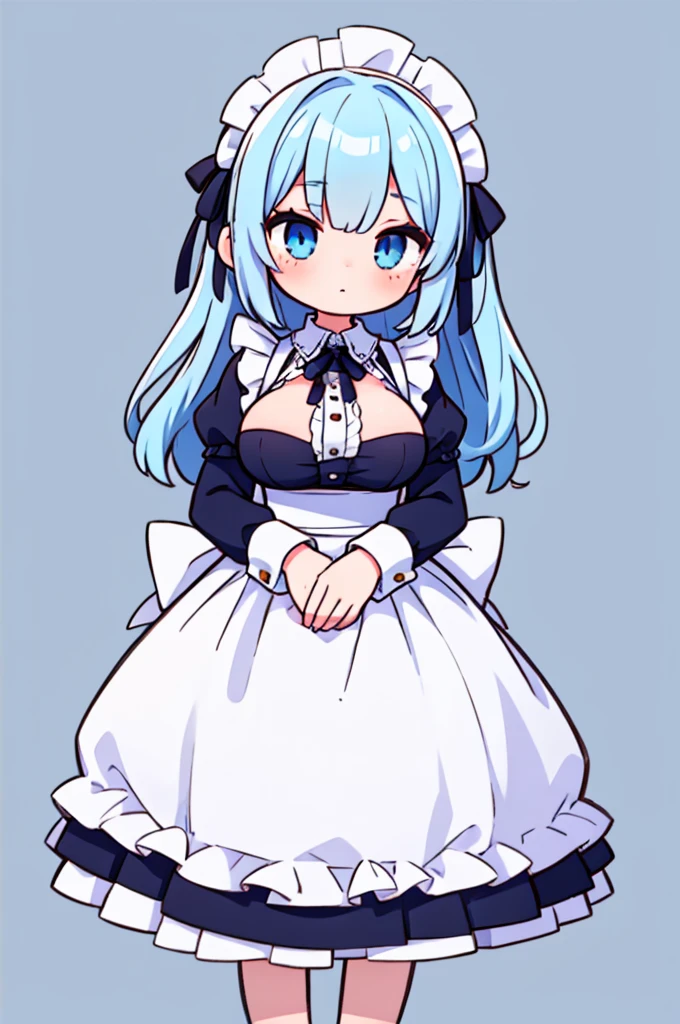 1 girl,maid clothes,light blue long straight,eyes light blue,pupil black,big breasts,full body,front facing,background simple