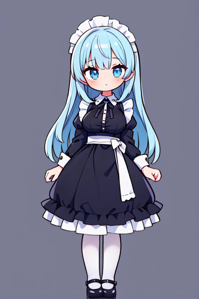 1 girl,maid clothes,light blue long straight,eyes light blue,pupil black,big breasts,full body,front facing,background simple