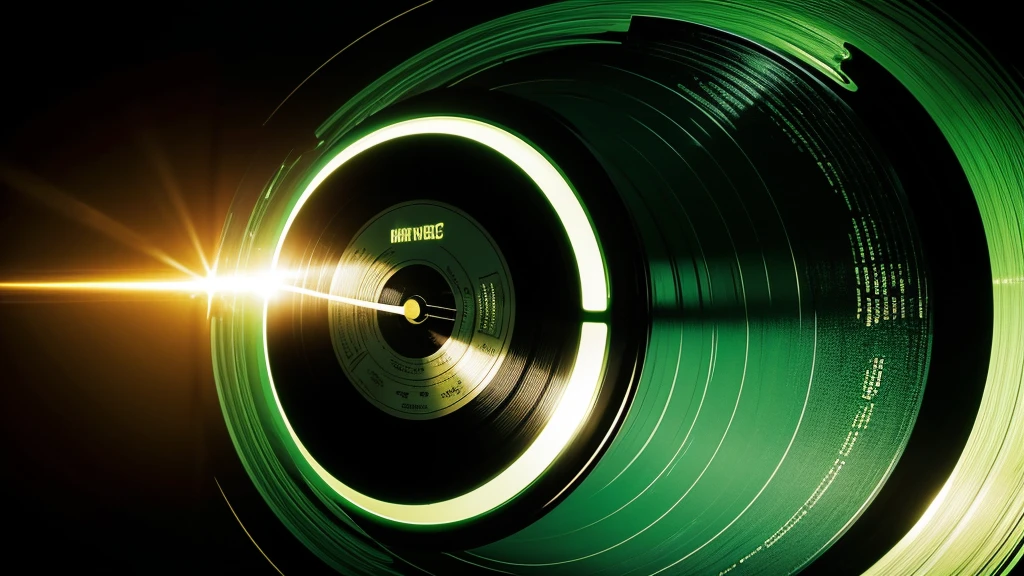 Poster Style,Brighter green frosted background,Vinyl record combined with clock,Front view of the record,Half record, half clock,Reflecting the sense of time travel,Golden text effect for English title on the right,There is a halo of light around the record similar to a black hole,Extremely high definition picture quality,quality,Real texture,Sci-fi style