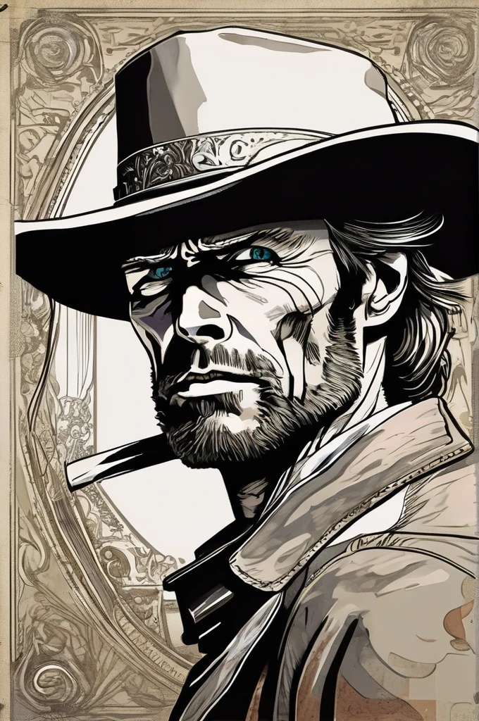 Um pistoleiro do Velho Oeste, with a determined look e a gun in his he. A imagem é inspirada nas obras de Clint Eastwood, como "O pistoleiro solitário" e "o bom, the Bad e the Ugly". The gunslinger must have an air of mystery e danger, como se estivesse prestes a enfrentar um duelo mortal. Colors must be vibrant e contrasting,
como os de Alphonse Mucha. The details must be delicate e complex, como Mucha's. The strokes should be thick e almost erased, como street art prints. The lines that delimit shapes should privilege more gross e straight angles.
