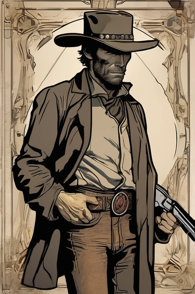 Um pistoleiro do Velho Oeste, with a determined look e a gun in his he. A imagem é inspirada nas obras de Clint Eastwood, como "O pistoleiro solitário" e "o bom, the Bad e the Ugly". The gunslinger must have an air of mystery e danger, como se estivesse prestes a enfrentar um duelo mortal. Colors must be vibrant e contrasting,
como os de Alphonse Mucha. The details must be delicate e complex, como Mucha's. The strokes should be thick e almost erased, como street art prints. The lines that delimit shapes should privilege more gross e straight angles.