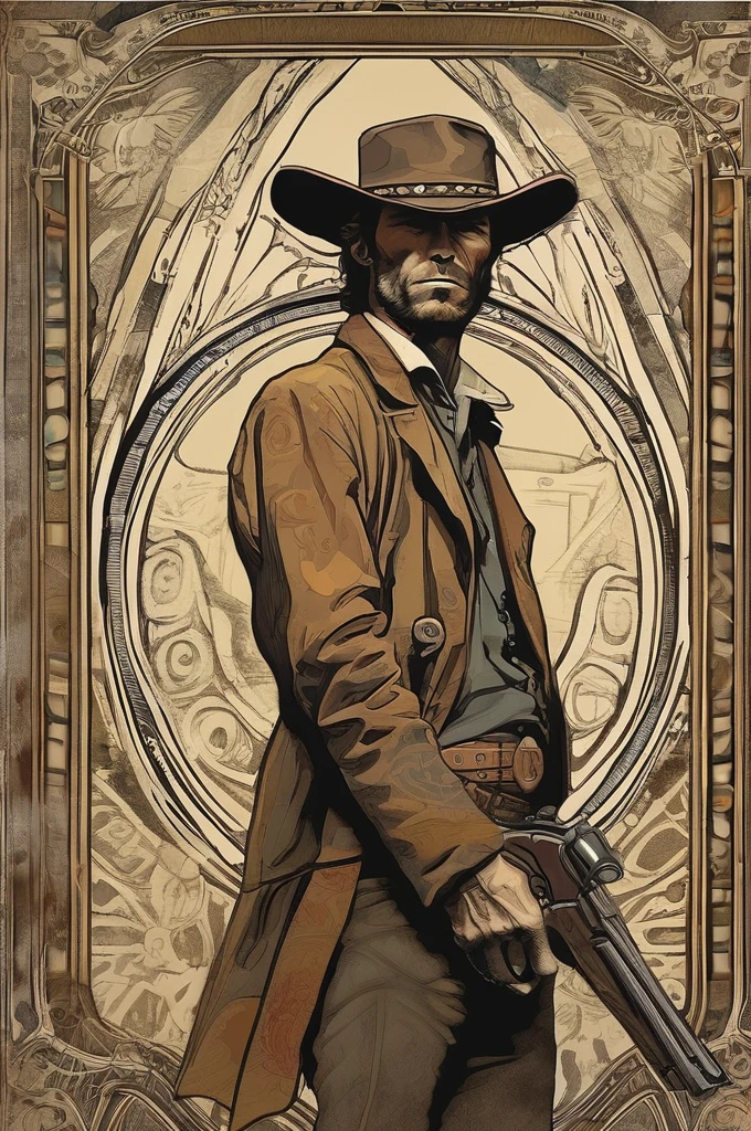 Um pistoleiro do Velho Oeste, with a determined look e a gun in his he. A imagem é inspirada nas obras de Clint Eastwood, como "O pistoleiro solitário" e "o bom, the Bad e the Ugly". The gunslinger must have an air of mystery e danger, como se estivesse prestes a enfrentar um duelo mortal. Colors must be vibrant e contrasting,
como os de Alphonse Mucha. The details must be delicate e complex, como Mucha's. The strokes should be thick e almost erased, como street art prints. The lines that delimit shapes should privilege more gross e straight angles.