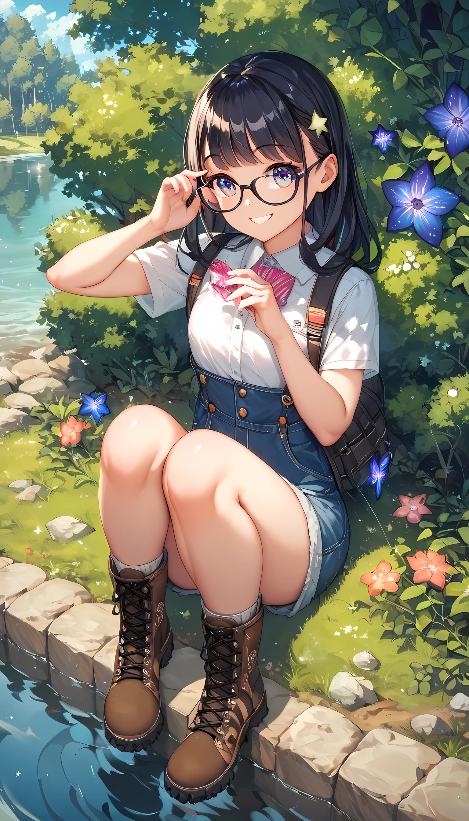 score_9, score_8_up, score_7_up,source_アニメ, high res image,masterpiece,best quality,girl,cute face,clear skin,shiny hair,ultra detailed eyes，Black Hair、Young、、10 years old、Glasses、Camping、Astronomical observation、starry skies、Late Night、Looking up at the sky、Happy smile、Hiking boots