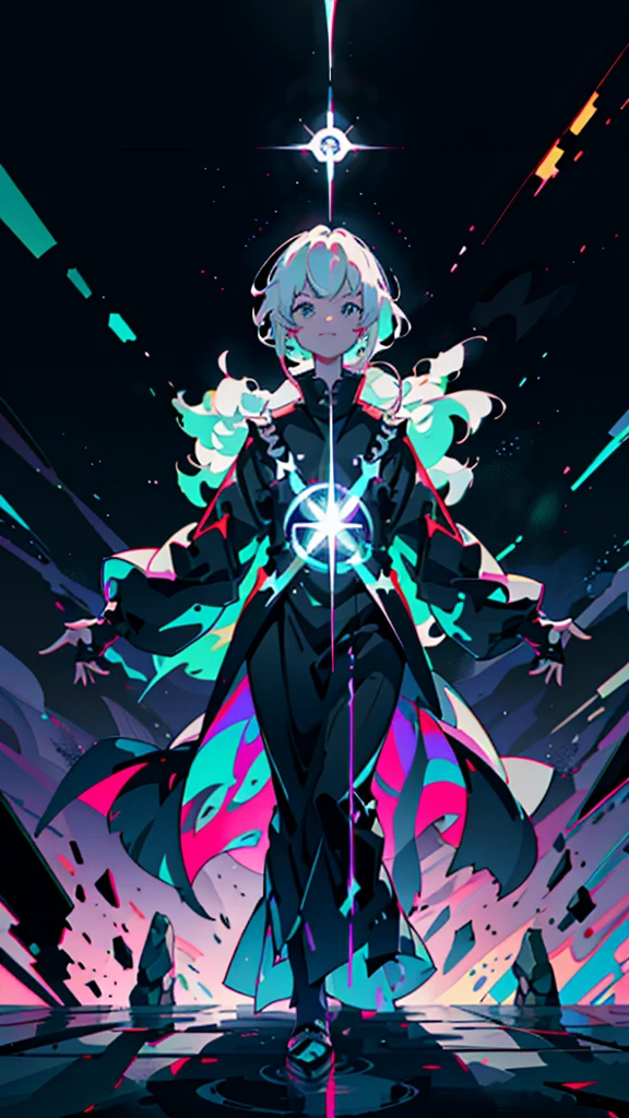 (anime boy, neon colors:1.1, devil, satan, extremely psycho, maniac grin, crazy, lunatic, ominous, cool)(best quality,4k,8k,highres,masterpiece:1.2),ultra-detailed,(realistic,photorealistic,photo-realistic:1.37),edgy, vibrant colors, intense lighting, stylized artwork, dynamic pose. Half body, standing, facing camera, priest, religious clothes, heavy robe, heavy religious symbol
