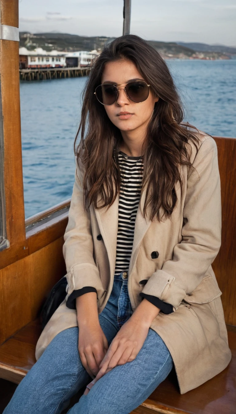 Photo of a young woman seating on a wooden bench inside a ferry. She is wearing beige coat wiht black stripe t shirt and denim pants with a sling bag and a black sunglasses perched over her hair. She has dark brown long hair. She is looking at the camera, there is a large window at her back with a view of a pier and water.