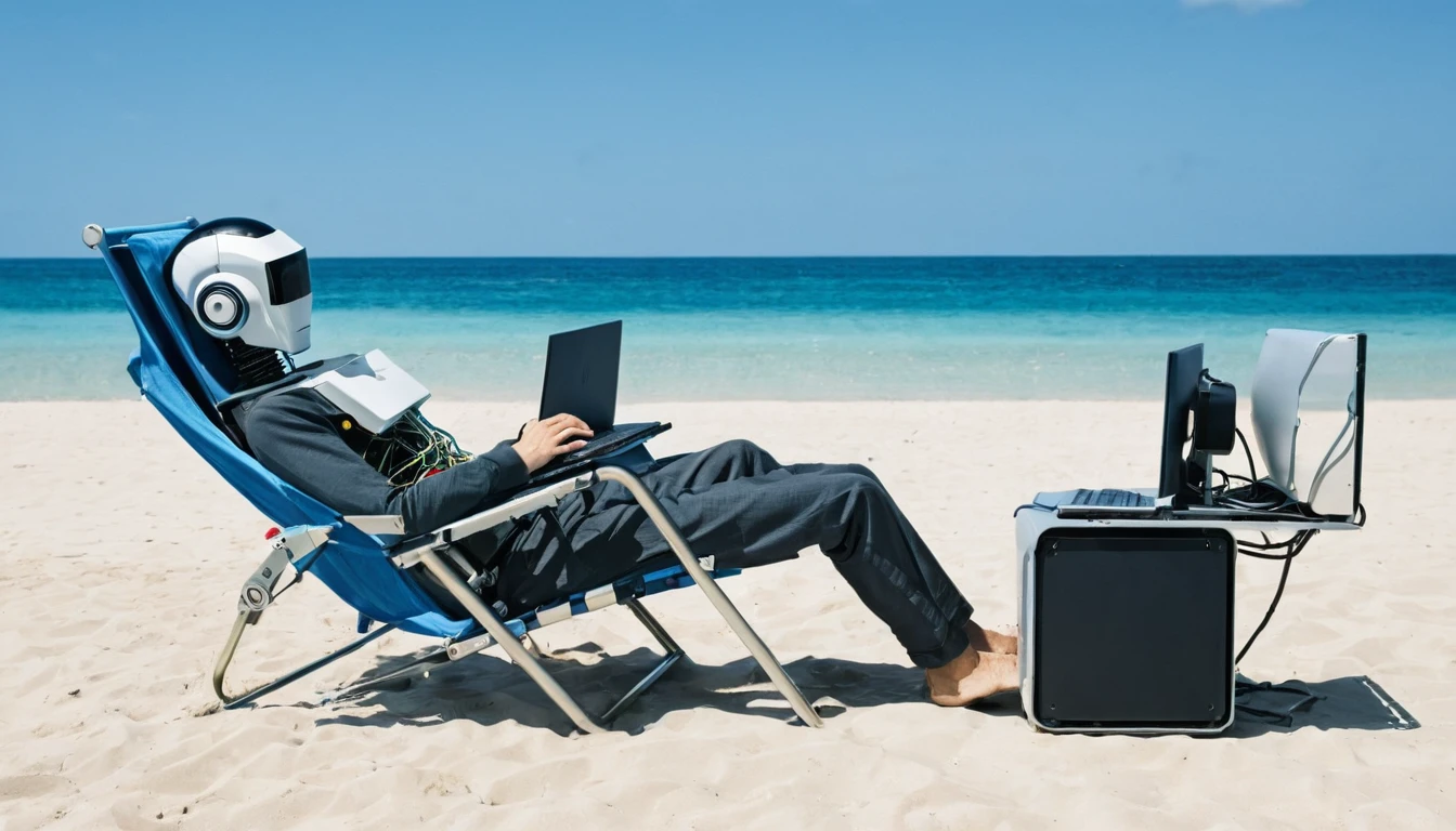 A man resting in a beach chair, ahead there is a robot with a computer typing