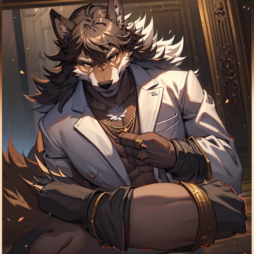 A muscular furry werewolf, black fur, chocolate brown eyes, wearing a white suit, detailed face and body, photorealistic, 8k, masterpiece, cinematic lighting, highly detailed, realistic textures, cinematic composition, dramatic lighting, moody atmosphere