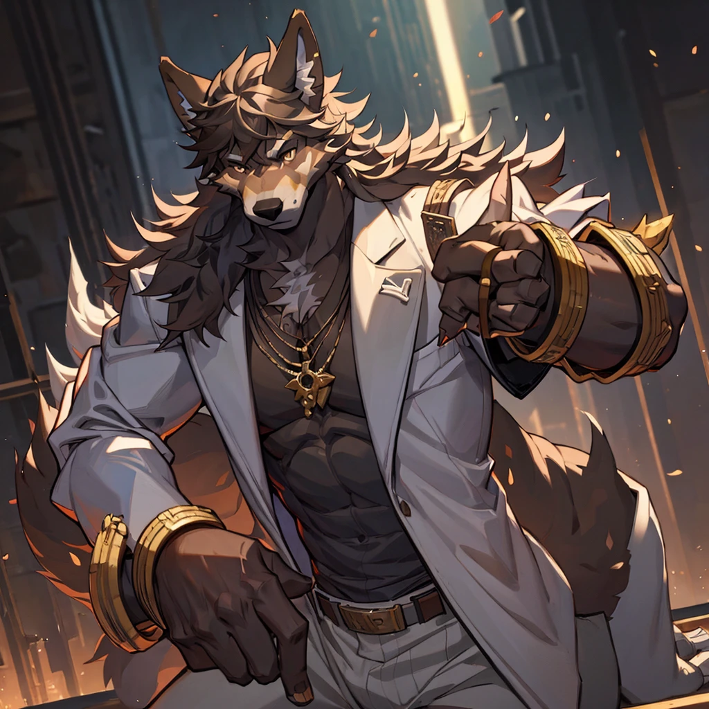 A muscular furry werewolf, black fur, chocolate brown eyes, wearing a white suit, detailed face and body, photorealistic, 8k, masterpiece, cinematic lighting, highly detailed, realistic textures, cinematic composition, dramatic lighting, moody atmosphere