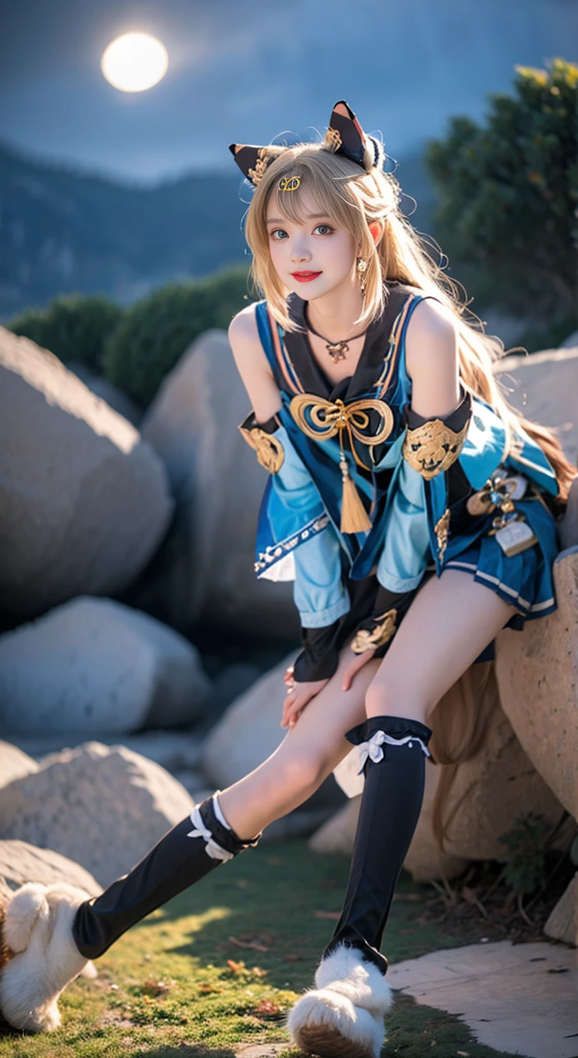 Prompt: Kirara_Genshin, beautiful face, sweet girl, (cowboy shot), headdress, cat ears, blonde long hair, green eyes, separated sleeves, Kirara's upshirt, stomach cutout, Kirara's short skirt, two cat tails , bare legs,(black leg warmers), ((white fur decorated cat paw shoe covers)), ((bare shoulders)), ((full body)), real life, fashion girl, red lips, mature woman, cosmetics, big eyes, beautiful eyes, ((whole body)), ((from bottom)), (best quality, masterpiece:1.2), highly detailed, (actual:1.37), ((sexy long legs)), beautiful, young and energetic , attractive model, big breasts, cleavage, (delicate eyes, detailed lips, extremely delicate eyes), show a bright smile, create a cool girl image, warm colors, very high saturation, official art, highly detailed CG integrated 8k wallpaper, (high dynamic Range: 1.4), (Cinematic), (Pastel colors, dull colors, muted tones: 1.3), (Natural skin texture, ultra-realistic, soft light, sharp), (Highly detailed), Night, Moonlight, ((Mountain from, plant, leaning against a rock))
16k, UHD, HDR,