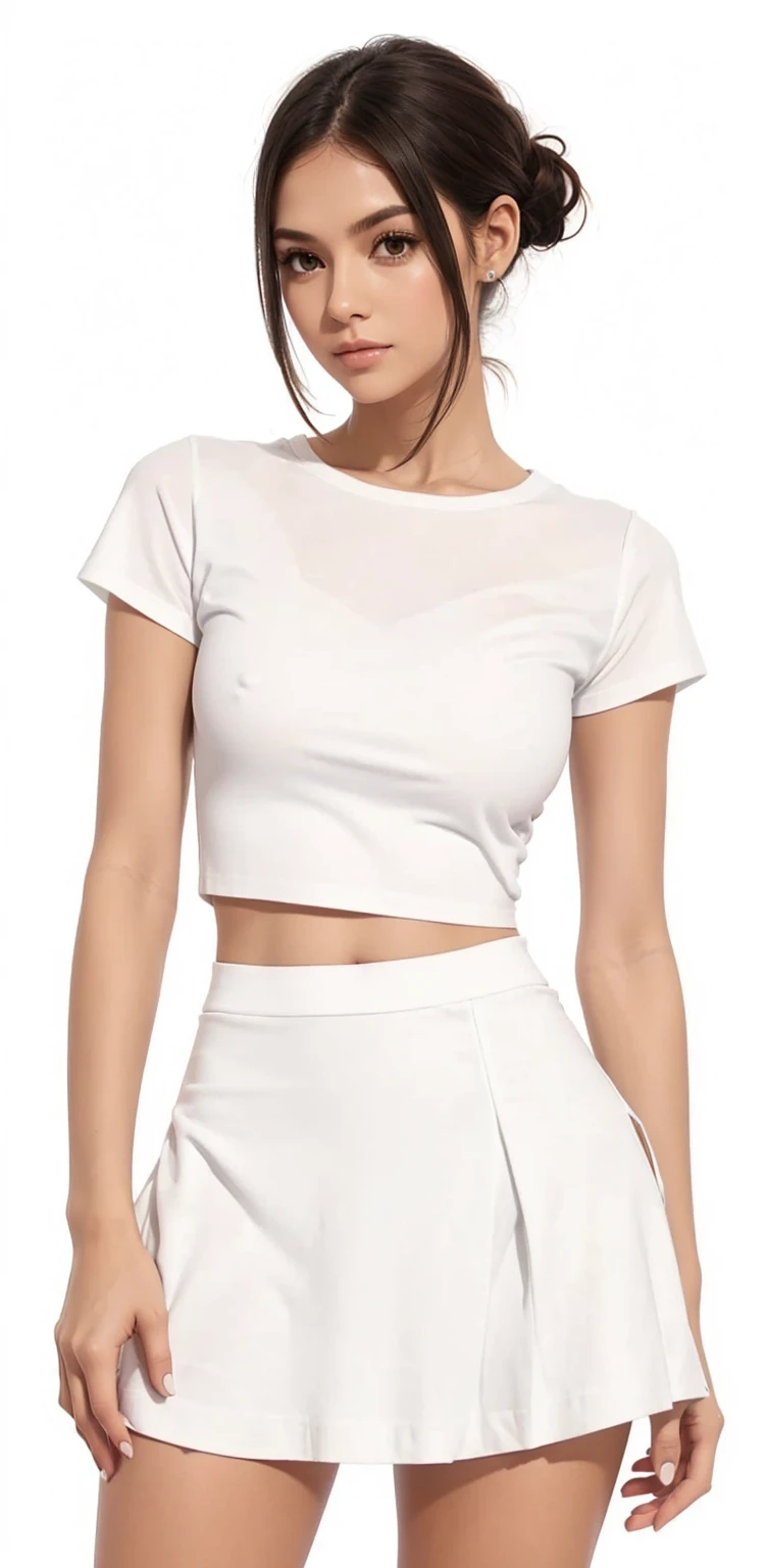a woman in a White top and skirt posing for a picture, White top, with torn t-shirt, top cut, top cut, wearing a cropped tops, plain and  suit, trendy white  clothes, casual white clothes, wearing a cropped top, usando um top cropped sexy, wearitop cut, plain white undershirt, white  clothes, white undershirt
