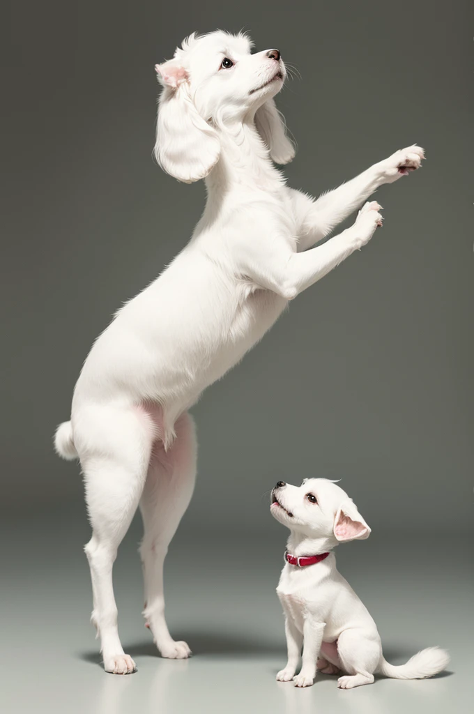 A small white dog standing on two legs looking up
