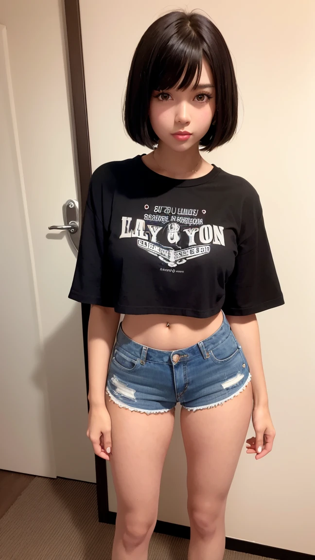 18 year old girl model, beautiful, Sunburned, Black Hair, Bob Hair, bangs, Brown eyes, beautiful figure, Girl in crop shirt and too short mini shorts, beautiful long legs, Slave&#39;s Bracelet, Slave choker, Manicure, Cute Makeup, Strike a sexy pose, hot summer, hot, Sexy pose, Summer clothing, Highest quality, Highest quality, Pin-up Style, Retro 80s style, Daisy Dukes Style, Miami vibes,