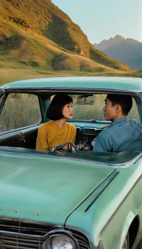Real photo of two individuals sitting on the hood of a vintage car. The clothing should be casual, with one man wearing a black top and jeans, and the woman in a yellow sweater and light blue jeans. Both have medium-length hair styled in a relaxed manner. The location is outdoors during golden hour, with soft, warm lighting accentuating the scene. Tall grass surrounds the car, and mountains can be seen in the background under a clear sky. The pose is casual and friendly, with the man facing slightly towards the camera while the woman faces them as if engaged in conversation. Properties include the vintage car which should have a classic design indicative of mid-20th-century models. The camera angle is from a lower perspective looking up at the individuals to capture both their relaxed demeanor and the scenic background. wong kar wai color palette
