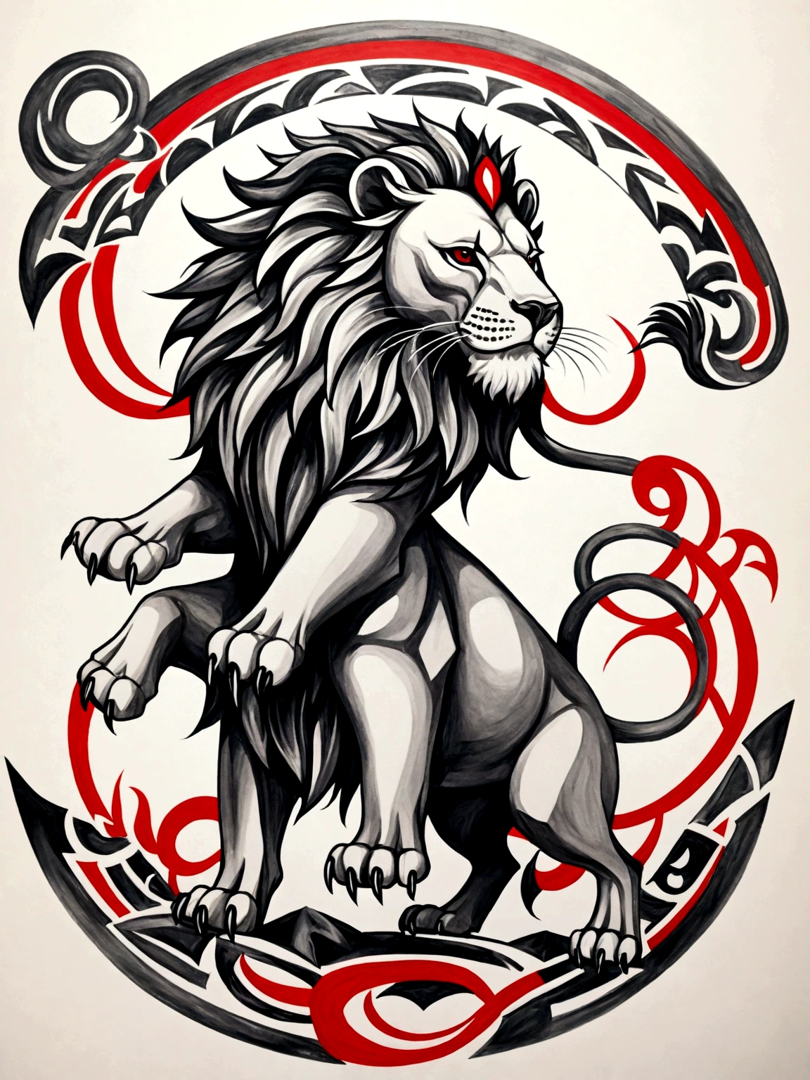An op-art illustration of the amulet UR, depicted as a lion, designed as a black and white tattoo with red accent elements. The lion is shown in a powerful and majestic stance, with intricate details highlighting its mane, muscular form, and fierce expression. Traditional Mesopotamian patterns and cuneiform inscriptions are integrated into the lion's body, emphasizing its role as a symbol of courage and protection. The background includes elements such as stylized waves and geometric patterns, adding depth and context to the design. The overall design is in black and white, with deep blacks and bold contrasts, while red accents are used to highlight key elements such as the cuneiform symbols and specific parts of the lion's body. The composition follows the golden ratio, ensuring a balanced and harmonious depiction of the powerful and protective amulet, creating a striking and bold yet elegant tattoo design. black and red ink design on the white paper . NO hands, no bodies. one  lion without mutation