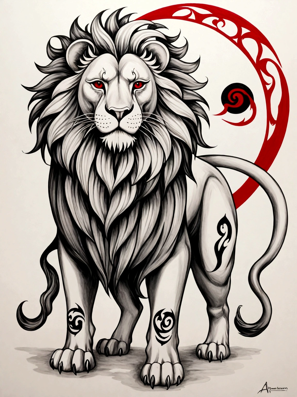An op-art illustration of the amulet UR, depicted as a lion, designed as a black and white tattoo with red accent elements. The lion is shown in a powerful and majestic stance, with intricate details highlighting its mane, muscular form, and fierce expression. Traditional Mesopotamian patterns and cuneiform inscriptions are integrated into the lion's body, emphasizing its role as a symbol of courage and protection. The background includes elements such as stylized waves and geometric patterns, adding depth and context to the design. The overall design is in black and white, with deep blacks and bold contrasts, while red accents are used to highlight key elements such as the cuneiform symbols and specific parts of the lion's body. The composition follows the golden ratio, ensuring a balanced and harmonious depiction of the powerful and protective amulet, creating a striking and bold yet elegant tattoo design. black and red ink design on the white paper . NO hands, no bodies. one lion without mutation