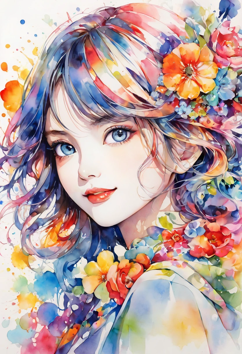 beautiful woman portrait, cute smile, Sylvia Pelissero watercolors, colorful flowers, beautiful eyes, upper body, abstract art, intense watercolor, watercolor detailed art, watercolor splash, surreal, avant-garde pop art, Beautiful and expressive paintings, Beautiful artwork illustration, very colorful tones, wonderful, cool beauty, highest quality, official art, women only, sharp outline, best shot, vector art, lips in love、 (((The strongest beautiful women of all time))), (((Japanese)))、clear, (((highest quality))), lips in love, HDR, ((Detailed details)), stylish fashion, detailed clothing texture, (((graffiti art))), colorful hair, ((masterpiece))、((Super detailed))