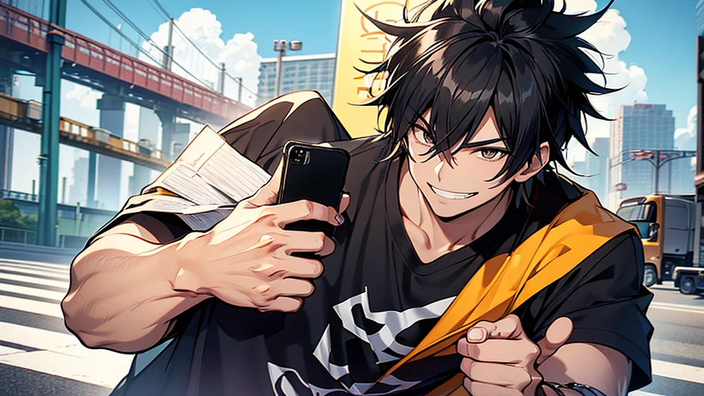 A cartoon-style illustration of Jyoichiro, a truck driver with spiky black hair and a confident grin. He's wearing a black "Side Hustle King" T-shirt and holding a smartphone showing his latest earnings report, giving a thumbs up. The background is a brightly colored highway with stylized trucks and a giant dollar sign in the sky.