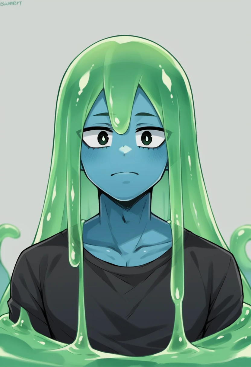 score_9, score_8_up, score_7_up, score_6_up, score_5_up, score_4_up, source_anime, 1Boy, slime Boy, Blue skin, Punk style, Long hair with green tips, tentacles, slime tentacles, slime boy, solo, slimegirlsfw, slime boy, gothic fashion, emo fashion, slimeboy, my hero academia, tentacles, school, depth of field, LUT,  medium close shot, detailed, handsome, cute slime boy. My hero academia school, Tentacle tail. 